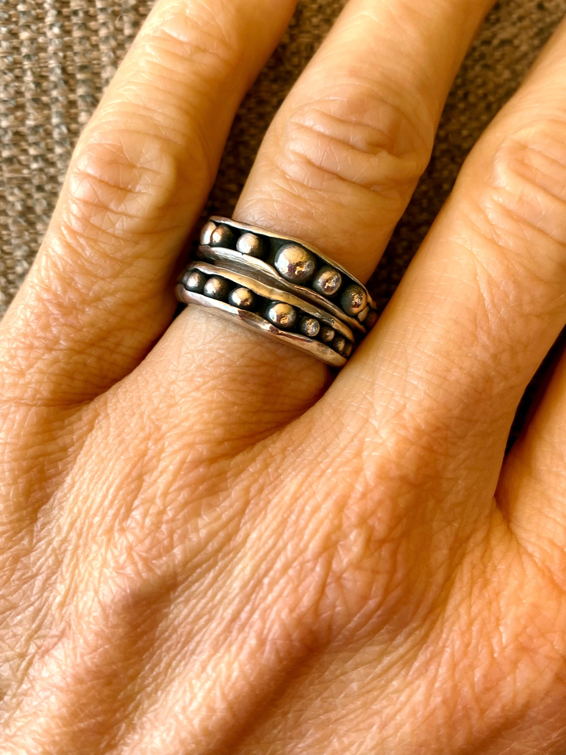 PEAPOD RING - One-of-a-kind hand-crafted sterling silver ring. Outer band wraps around interior sterling silver or antique bronze "peas." Can be ordered in any ring size. Style: rustic, boho, funky, organic, earthy yet elegant.
