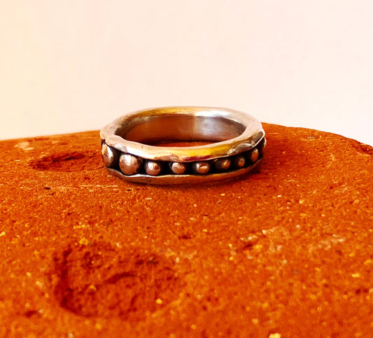 PEAPOD RING - One-of-a-kind hand-crafted sterling silver ring. Outer band wraps around interior sterling silver or antique bronze "peas." Can be ordered in any ring size. Style: rustic, boho, funky, organic, earthy yet elegant.