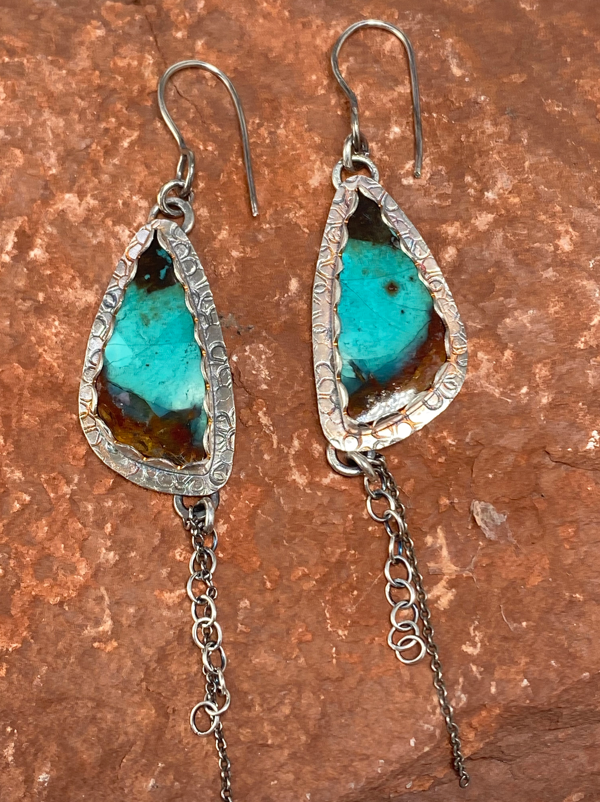 One-of-a-kind hand-crafted earrings. Gorgeous blue Indonesian opal/petrified wood Set on sterling silver Hand-stamped back plate Chain drops add elegant length Style: rustic, boho, funky, elemental, wabi sabi, earthy yet elegant