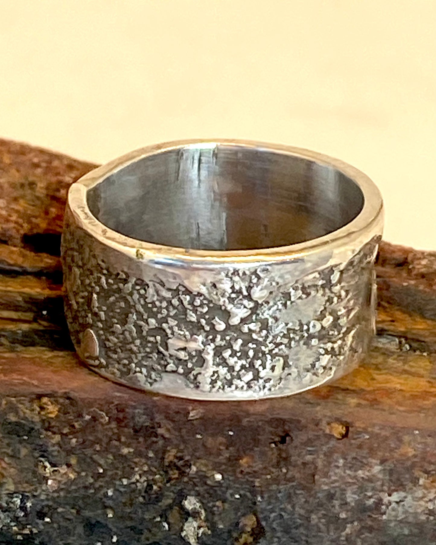One-of-a-kind hand-crafted sterling silver cigar band ring, beautifully textured with fused silver dust ad with gorgeous organic patina. Ring size 6. Style: rustic, boho, funky, organic, earthy yet elegant.