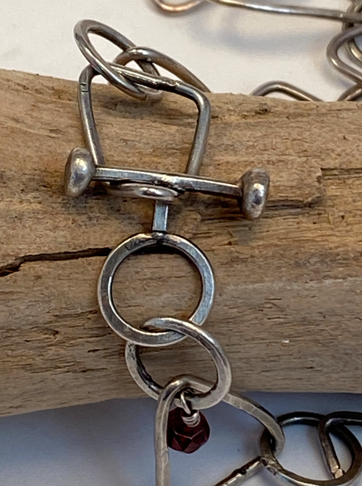 CLASP  - Each link of this sterling silver chain was lovingly formed, soldered, forged and finished by hand.  Unique triangle-shaped links are dynamic and draw attention in an understated way. Hand-crafted bar clasp is unique to this piece.  19" long.  Style: Organic, Boho, Rustic, Wabi-Sabi, Natural, Funky, Artsy Earthy yet Elegant