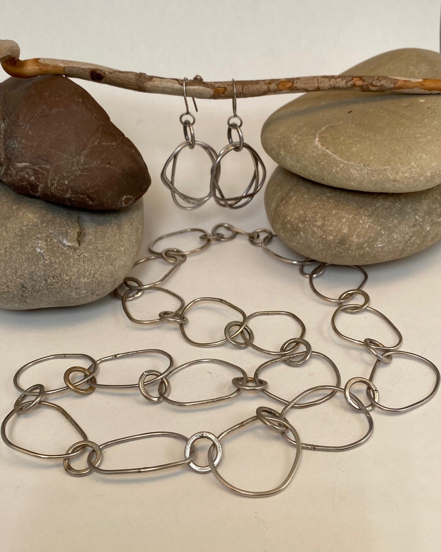 Unique design, hand-crafted sterling silver chain and earrings. Adjustable length / max 26". Style: organic, rustic, boho, elemental, earthy yet elegant.