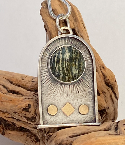 Sterling Silver and 14k Gold with Zebra Serpentine Portal/Altar Necklace