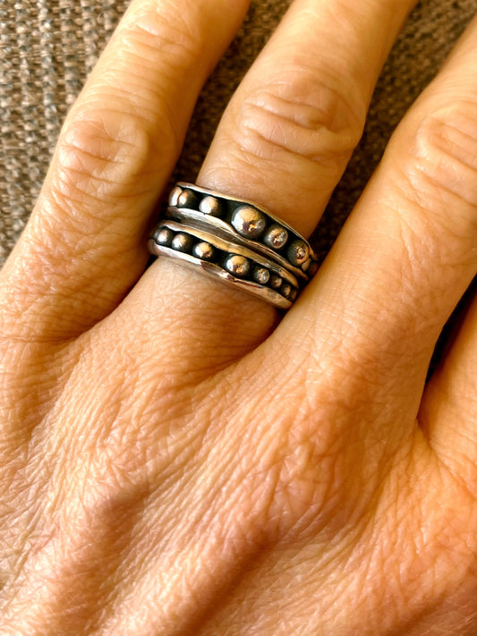 STACK OF TWO PEAPOD RINGS - Two one-of-a-kind hand-crafted sterling silver rings. Outer band wraps around interior sterling silver or antique bronze "peas." Can be ordered in any ring size. Style: rustic, boho, funky, organic, earthy yet elegant.