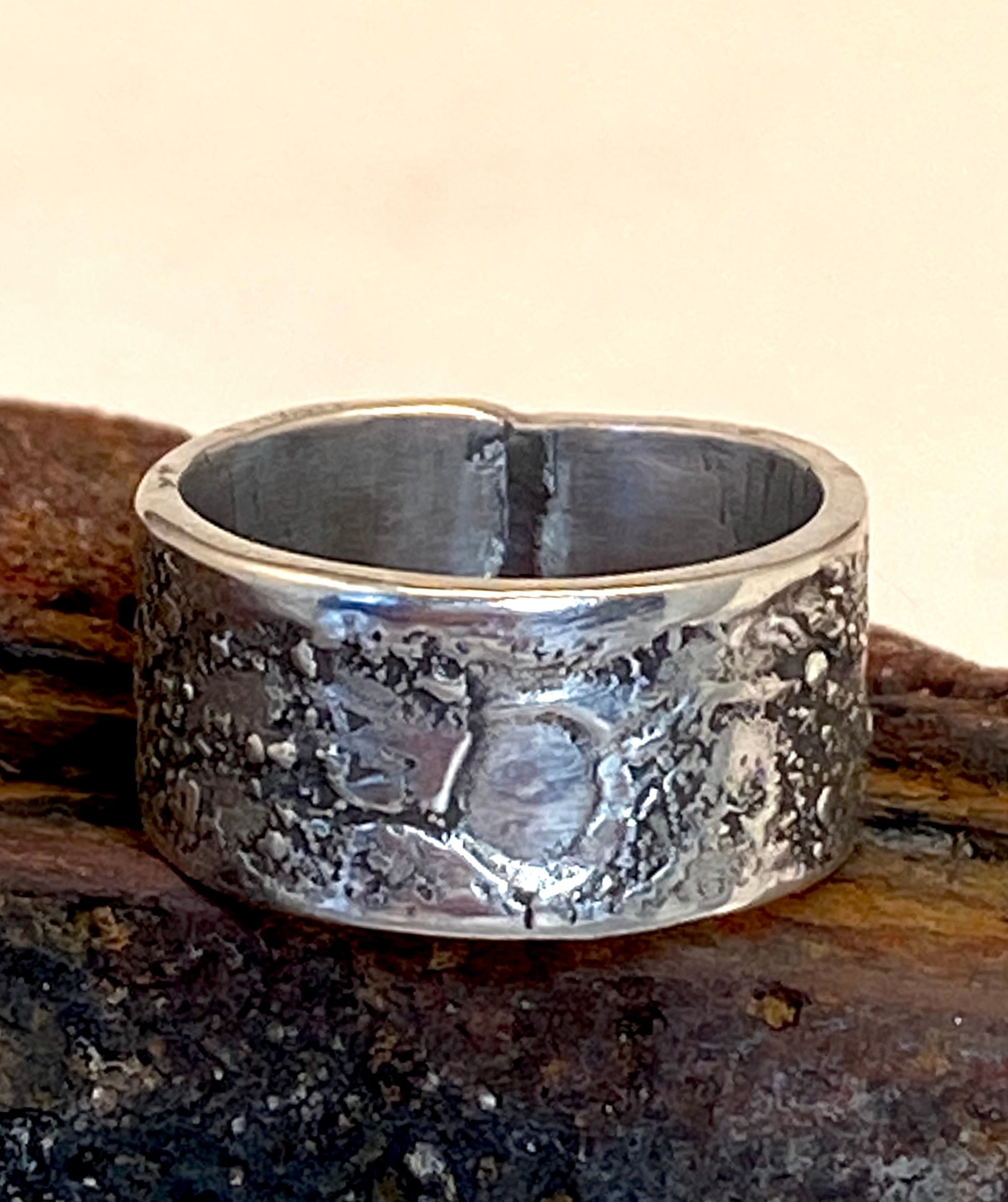 One-of-a-kind hand-crafted sterling silver cigar band ring, beautifully textured with fused silver dust ad with gorgeous organic patina. Ring size 6. Style: rustic, boho, funky, organic, earthy yet elegant.